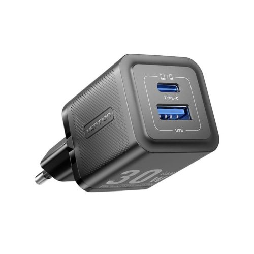 Vention 2-Port Fali Töltő, Gan Charger, USB-C, USB-A, 30W/30W, Fekete