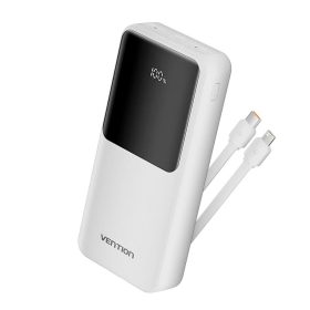   Vention 22.5W Powerbank 20000 mAh, Beépített USB-C, Lightning Kábelek, LED Kijelző, Fehér
