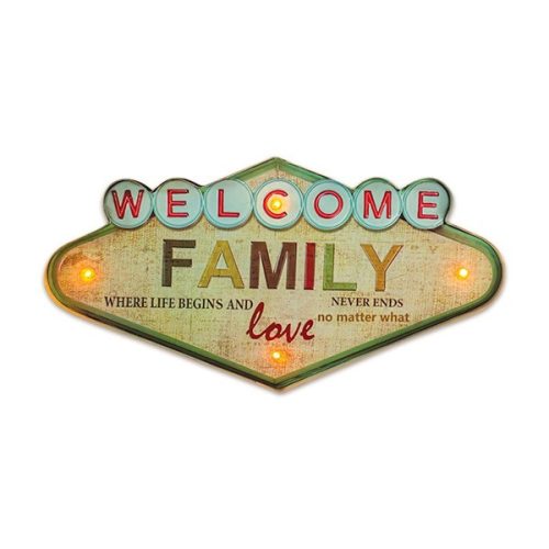 FOREVER LIGHT RETRO metál LED dekorációs lámpa WELCOME FAMILY, USB, 5V, falra akasztható