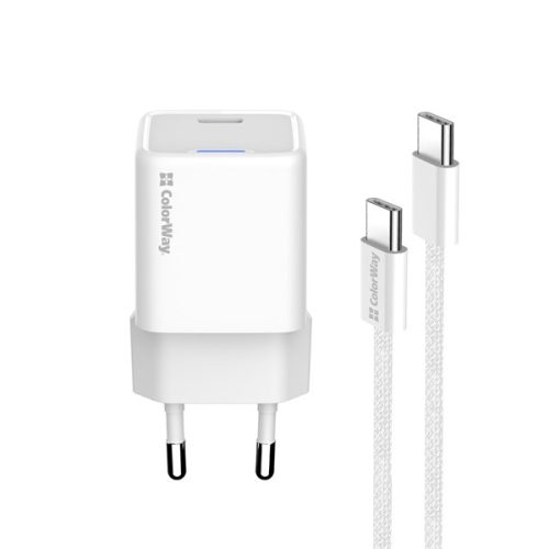 COLORWAY AC töltő GaN Mini CW-CHS054PDC-WT 30W PD port PPS USB-C fehér + kábel Type-C