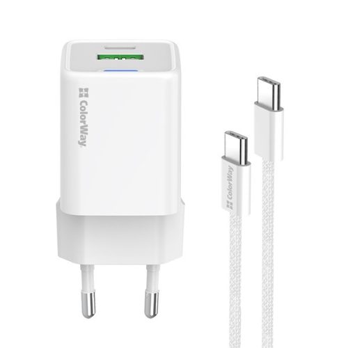 COLORWAY AC töltő GaN Mini CW-CHS055PDC-WT 35W PD port PPS USB (Type-C PD + USB QC4.0) kábel Type-C