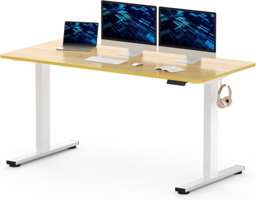 FLEXISPOT ONE PIECE Elektromos Állítható Íróasztal, Kétmotoros, 180×80 Cm – Magasságállítható Ülő-Álló Asztal Vázzal és Juhar Asztallappal, Otthoni Irodába
