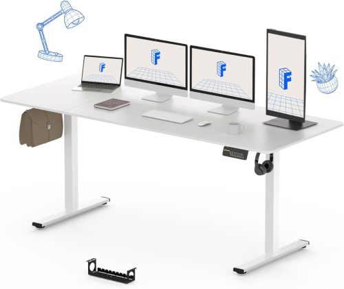 FLEXISPOT ONE PIECE Elektromos Állítható Íróasztal, Kétmotoros, 200×80 Cm – Magasságállítható Ülő-Álló Asztal Vázzal és Fehér Asztallappal, Otthoni Irodába