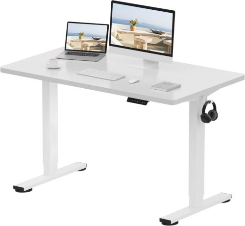 FLEXISPOT ONE PIECE Elektromos Állítható Íróasztal, Kétmotoros, 160×70 Cm – Magasságállítható Ülő-Álló Asztal Vázzal és Fehér Asztallappal, Otthoni Irodába