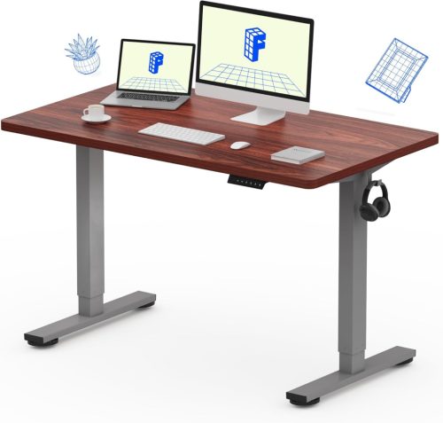 FlexiSpot E1 Pro Kétmotoros elektromos íróasztal, szürke&mahagóni – állítható magasság (70–120 cm), 100 kg Teherbírás, Memóriagombokkal