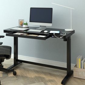   FlexiSpot Comhar Class All-in-One elektromos állítható íróasztal fiókkal,  üveg asztallap, Fekete, 120x60cm USB-töltővel és memória panellel