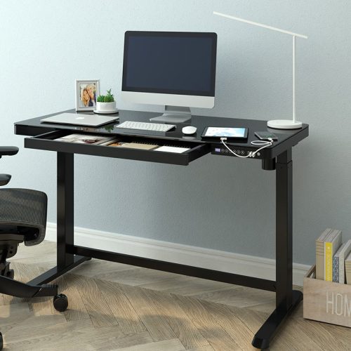 FlexiSpot Comhar Class All-in-One elektromos állítható íróasztal fiókkal,  üveg asztallap, Fekete, 120x60cm USB-töltővel és memória panellel