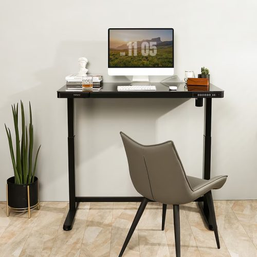 FlexiSpot Comhar Class All-in-One elektromos állítható íróasztal fiókkal,  üveg asztallap, Fekete, 120x60cm USB-töltővel és memória panellel
