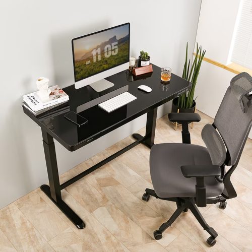 FlexiSpot Comhar Class All-in-One elektromos állítható íróasztal fiókkal,  üveg asztallap, Fekete, 120x60cm USB-töltővel és memória panellel