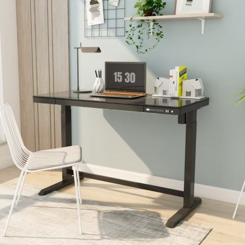 FlexiSpot Comhar Class All-in-One elektromos állítható íróasztal fiókkal,  üveg asztallap, Fekete, 120x60cm USB-töltővel és memória panellel