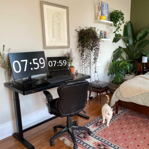 FlexiSpot Comhar Class All-in-One elektromos állítható íróasztal fiókkal,  üveg asztallap, Fekete, 120x60cm USB-töltővel és memória panellel