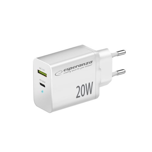 ESPERANZA EZC105W Hálózati Gyorstöltő 20W USB-C PD 20W / USB-A QC 3.0 18W, Fehér
