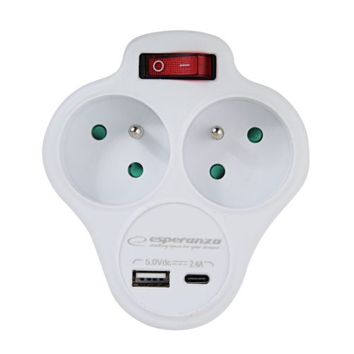 ESPERANZA ELK311W Hálózati Elosztó 2 Aljzattal és Kapcsolóval, USB-C USB-B, Fehér