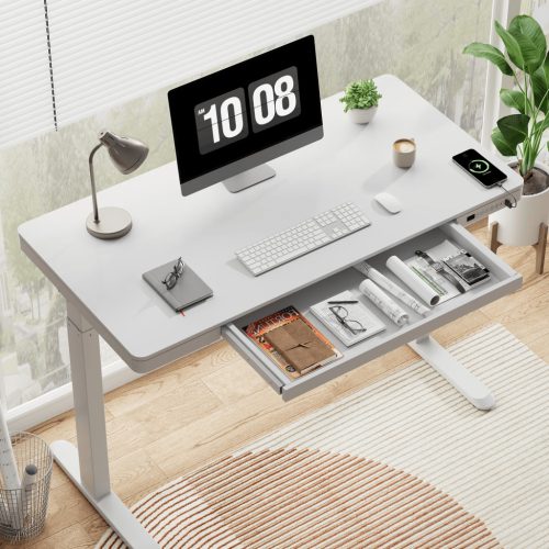 FlexiSpot Comhar All-in-One elektromos állítható íróasztal fiókkal, Fehér, 120x60cm USB-töltővel és memória panellel