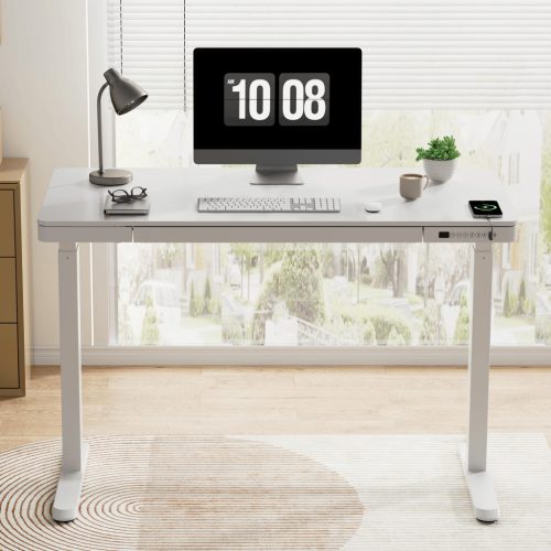 FlexiSpot Comhar All-in-One elektromos állítható íróasztal fiókkal, Fehér, 120x60cm USB-töltővel és memória panellel