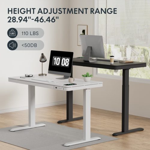 FlexiSpot Comhar All-in-One elektromos állítható íróasztal fiókkal, Fehér, 120x60cm USB-töltővel és memória panellel