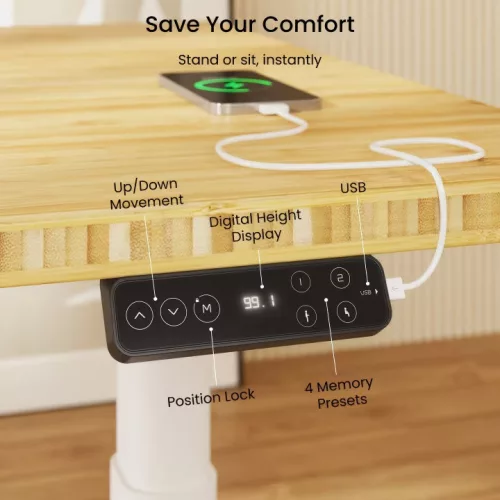 E8 Elektromos Íróasztal ovális Láb, Fekete, 60-125cm Állítható, Kétmotoros, 125 kg Teherbírás, LED érintőképernyő, 4 memóriahely, USB töltőport