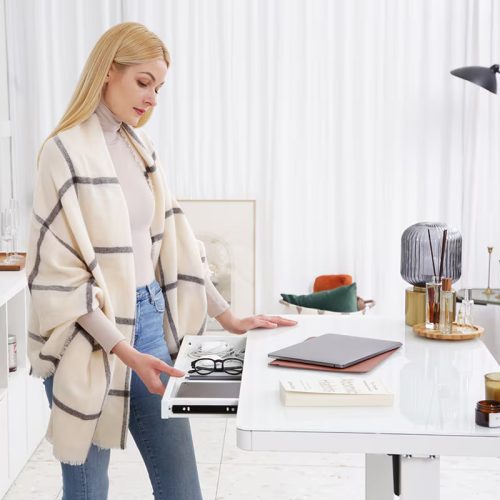 Comhar Glass All-in-One elektromos állítható íróasztal fiókkal,  üveg asztallap, Fehér, 120x60cm USB-töltővel és memória panellel