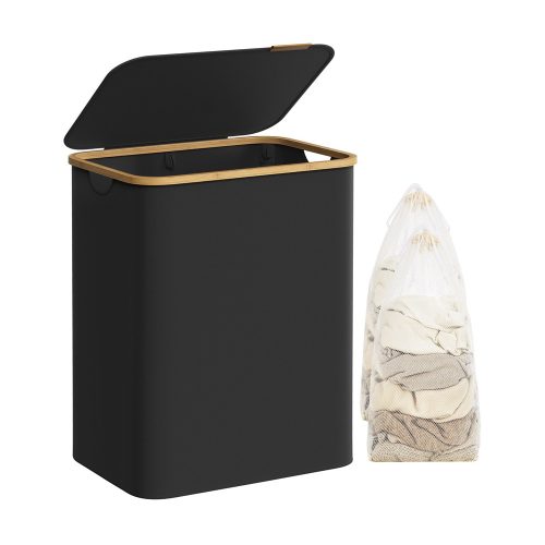 SONGMICS Szennyeskosár, 52*38.5*70.5 cm, Bambusz Anyagból, Fekete