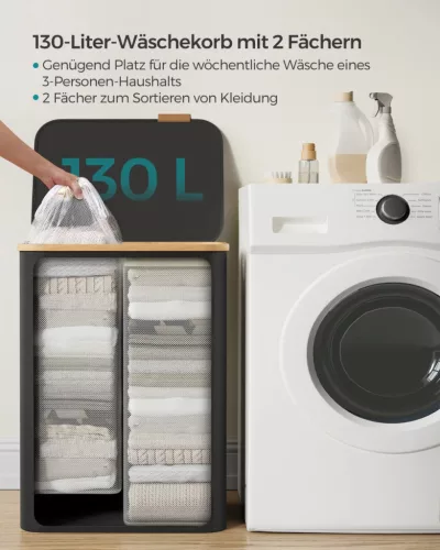 SONGMICS szennyeskosár fedéllel 130 L 2 rekeszes