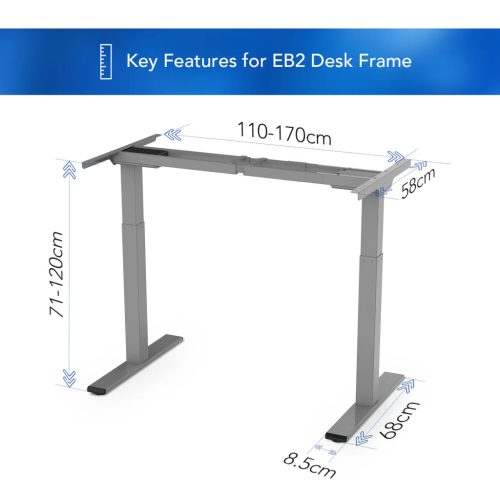 FLEXISPOT E2 Elektromos Íróasztal Láb, Szürke, 71-120 Cm Állítható, Kétmotoros, 100 kg Teherbírás, Memóriagombokkal, Otthonra, Irodába