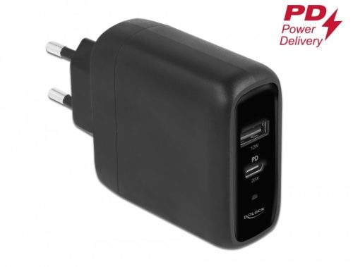 Delock USB töltő USB Type-C  PD 3.0 és A-típusú USB-hez 20 W + 12 W teljesítménnyel