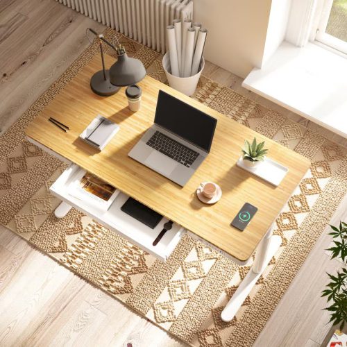 FlexiSpot Comhar Pro All-in-One elektromos állítható íróasztal fiókkal, fekete-bambusz lap, 140x70cm,  dupla motor, vezeték