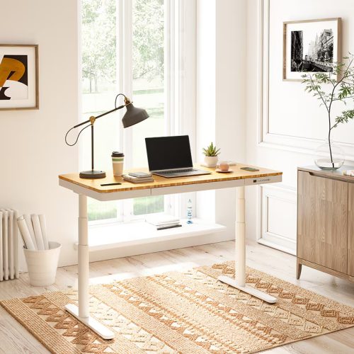 FlexiSpot Comhar Pro All-in-One elektromos állítható íróasztal fiókkal, fekete-mély bambusz lap, 140x70cm,  dupla motor, vezeték