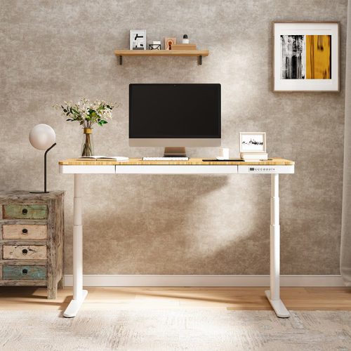 FlexiSpot Comhar Pro All-in-One elektromos állítható íróasztal fiókkal, fehér-bambusz lap, 140x70cm,  dupla motor, vezeték