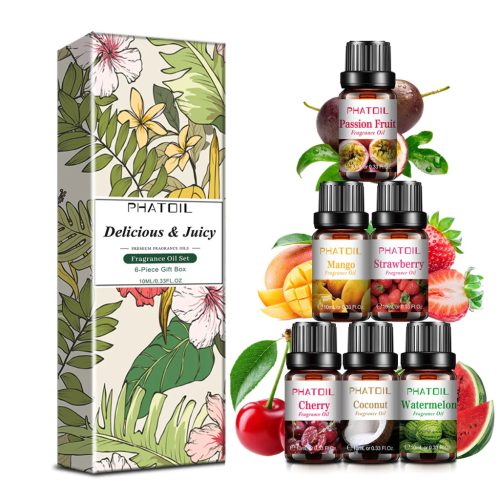 PHATOIL Delicious & Juicy Fruit Fragrance Oil Set 6pcs x 10ML Gift Box, Prémium Illóolaj Válogatás Díszdobozban