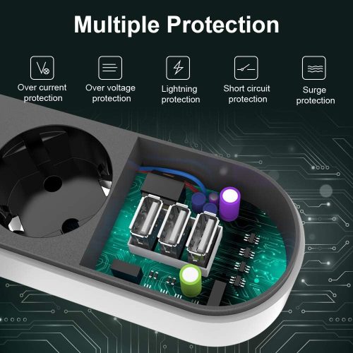 Joyguard 4-as hálózati elosztó 3 USB porttal, gyermekbiztonsági zár,  tűzálló, fekete