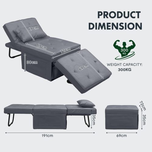 FLEXISPOT 4 az 1-ben összecsukható kanapéágy,  szürke– egyszemélyes fotelágy, összecsukható puffal, 6 fokozatban állítható háttámlával és párnáva